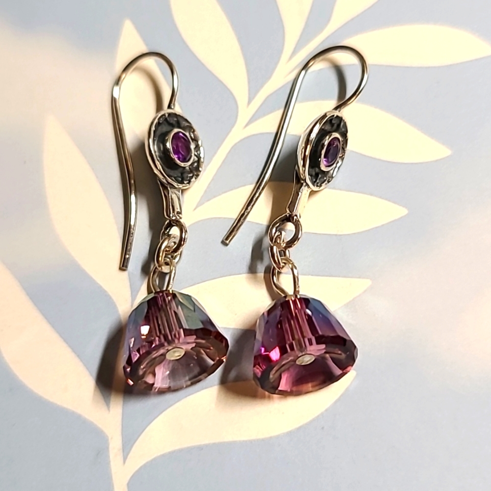 Earrings of Sterling Silver and Amethyst Bell Shaped Gems